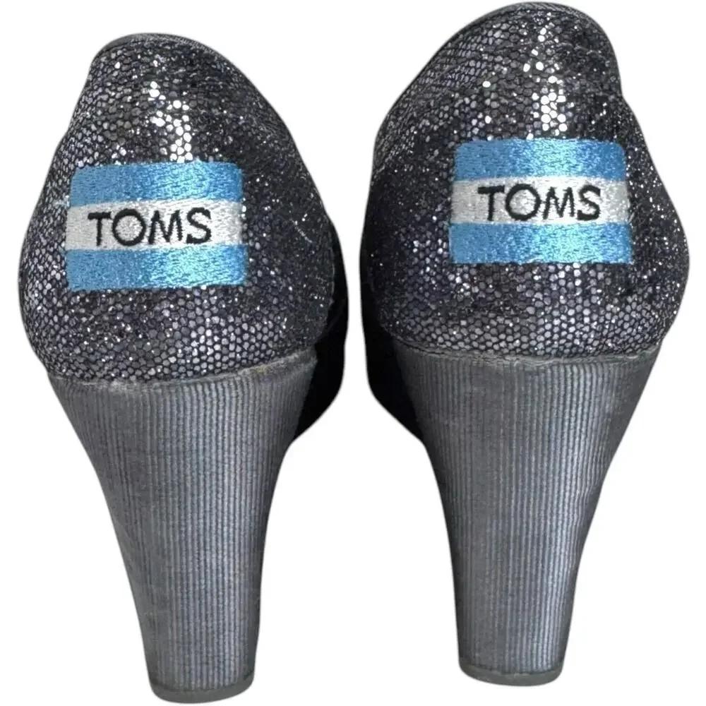 Toms Pewter Embellished Glitters Peep Toe Wedge Pumps Silver Women's Size 6.5